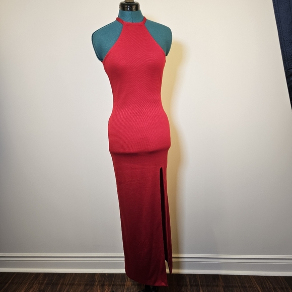 Custom handmade red high slit sleeveless backless knit maxi dress size XS US. - Picture 4 of 5
